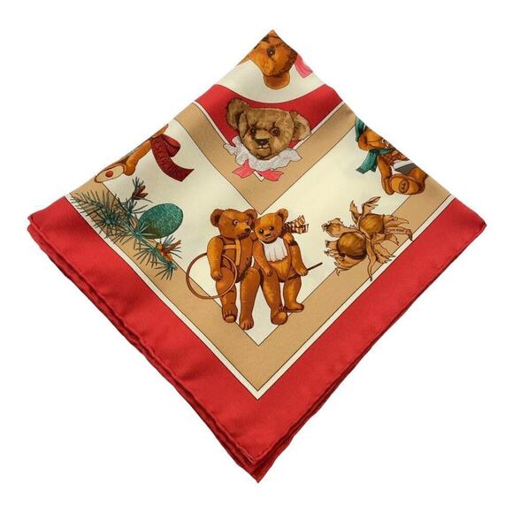 HERMES Vintage Carré 40cm 16” Teddy Bear Red Multicolor Silk Scarf W/Box NWT - Picture 8 of 15